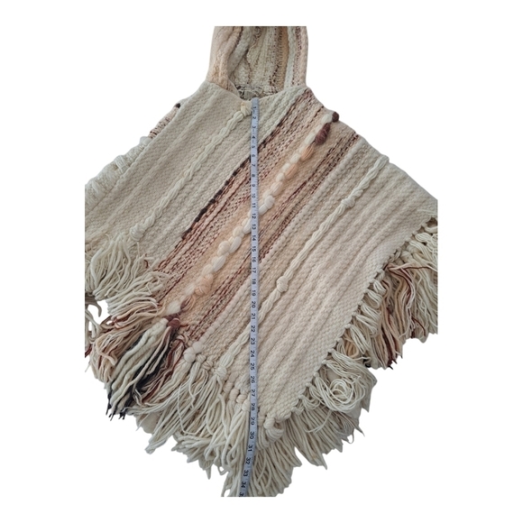 martine gruber vintage 100 pure virgin wool Hand woven poncho with hood fringes - Picture 14 of 16